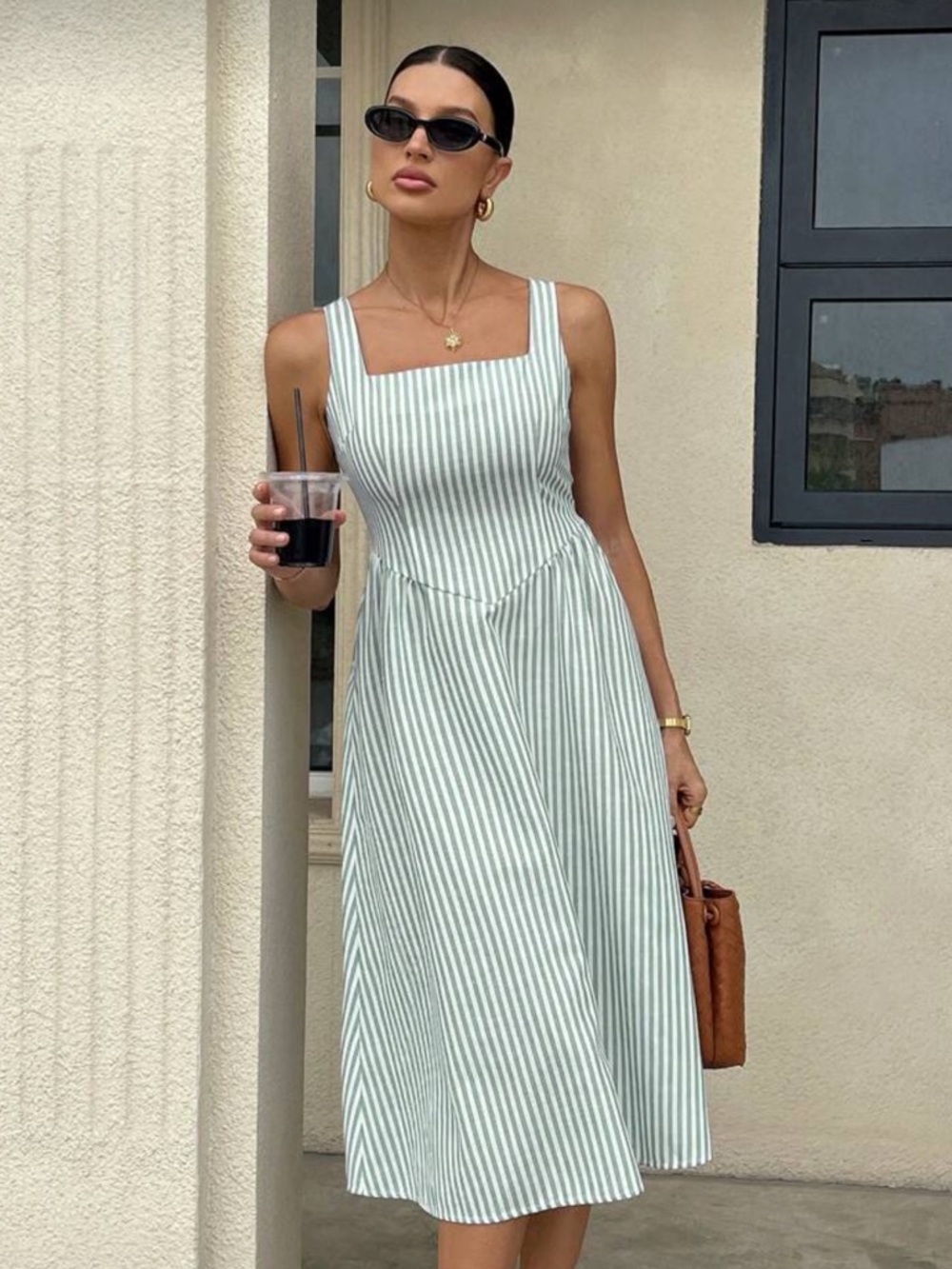 Striped midi dress sage green white boho preppy square neck v waist